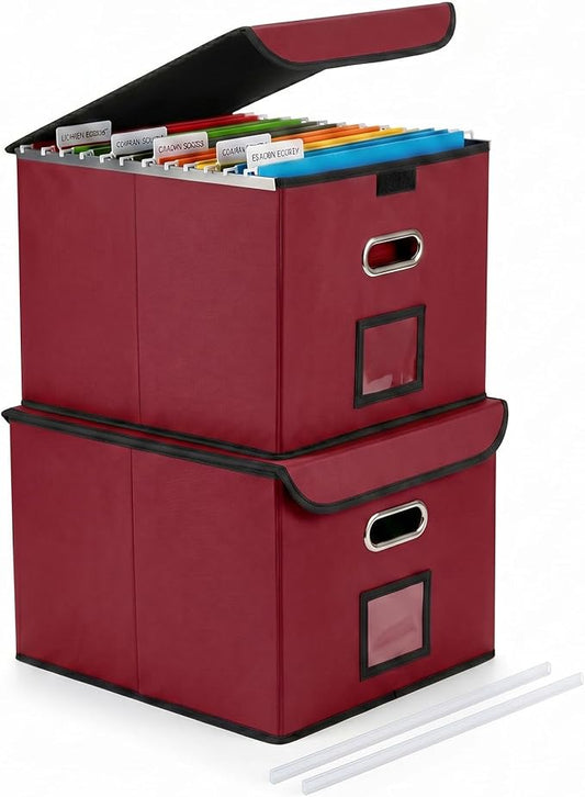 File Organizer Box with Lid, Large Hanging File Folder Organizer with Plastic Slide, Collapsible Portable Filing Storage Boxes for Office/Decor/Home (Wine Red, 14.9 x 12.59 x 10.8 inch, 2-Pack)