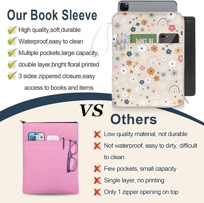 Rainbow Book Sleeve Pouch with Zipper, Paperback Book Protector Case,PU Leather Waterproof Book Pouch,Cute Floral Print Travel Book Carrying Case for Book Lovers Women,Book Cover for Hardcover