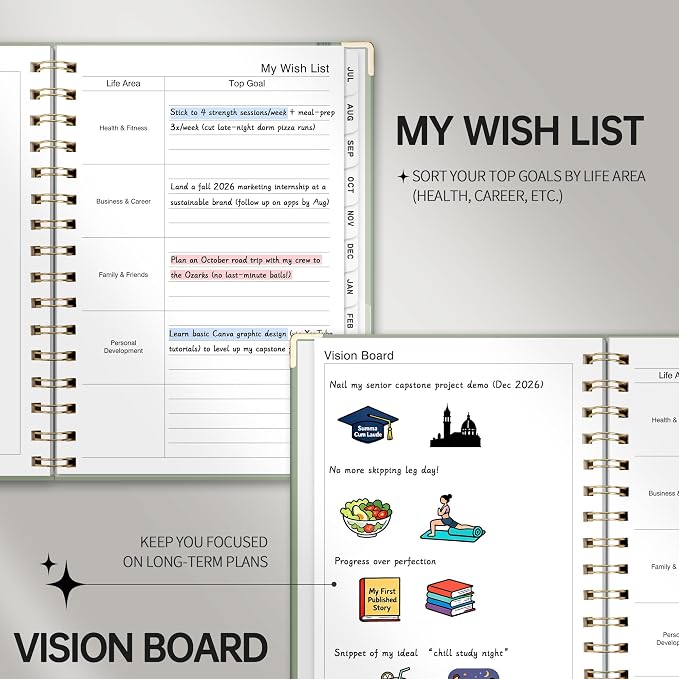 Academic Planner 2026-2027, Weekly and Monthly, A5 Size (5.7" x 8.3"), July 2026 - June 2027, Agenda 2026-2027 for Tracking, for School, Home, Office, Hardcover, 12-Month Tabs (Light Green)