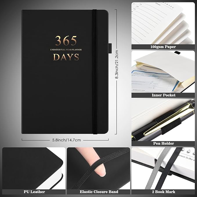 Daily Planner Undated, Planners 2026-2027, 365 Day Planners, Work Planner for Men, Hourly Planner Notebook for Goal Setting, Appointment Agenda, Hardcover, Start Anytime, A5, Black