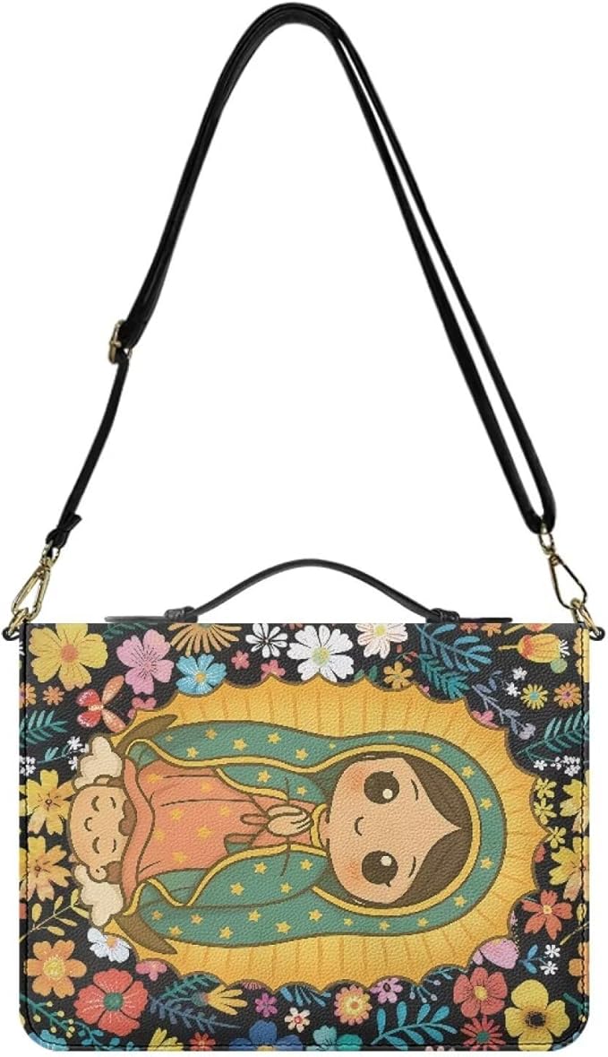 Our Lady of Guadalupe Design Bible Cover Case for Girls, Cute Bible Case for Girls with Strap and Handle, Extra Large Leather Bible Covers with Inner Pockets and Pen Loop, Church Bag for Girls