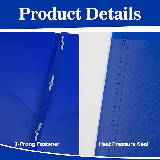 12-Pack Plastic Folders with Pockets and Prongs, 2-Pocket Poly Folders with 3 Fasteners Holds 8-1/2" x 11" Paper for School/Office/Home, Blue