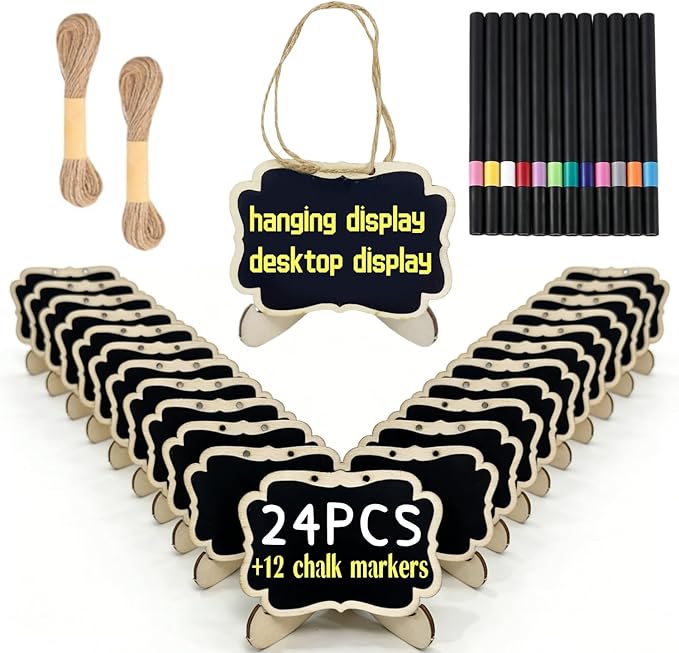 24 Pcs Reusable Mini Chalkboards Signs with Stands and Hanging String, Food Labels for Party Buffet, Small Double-Sided Blackboard for Weddings Birthday Table Numbers, Name/Price Tags, Place Cards