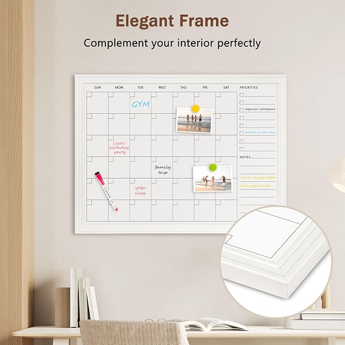 DOLLAR BOSS Magnetic White Board Calendar 36''x 24'', Monthly Dry Erase Planner for Wall with White Wood Style Frame for Office, School, Dorm, Home Decor