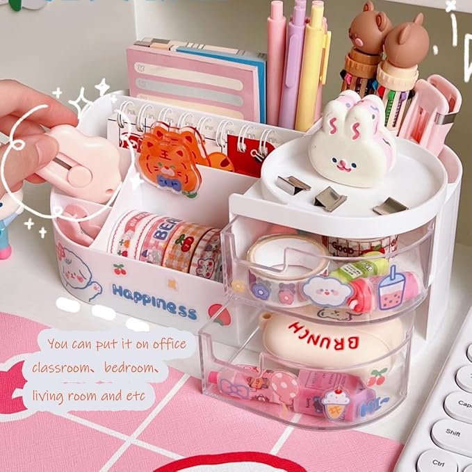 Kawaii Stationery Storage Box Makeup Organizer with 2 Drawers, Kawaii Pen Organizer with Stickers DIY Fun, Desk Organizers and Accessories with 5 Compartments for Teen Girls Office Art Supplie