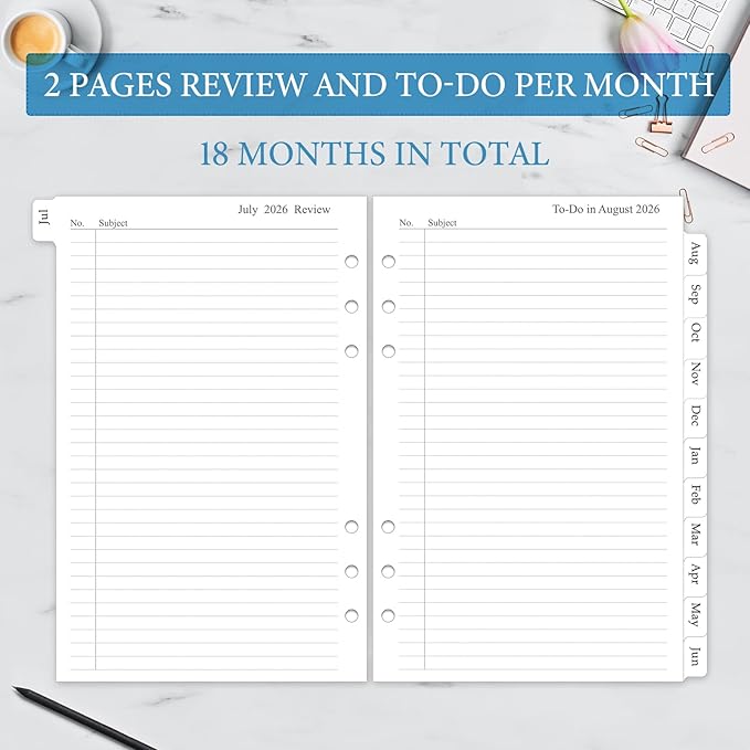 2026-2027 Monthly Planner Refill, A5 Medium Planner Inserts for 6 Holes, 5.5"x8.5", Jul. 2026 - Dec. 2027, 12 Monthly Calendars with Laminated Tabs, 6-Hole Punched