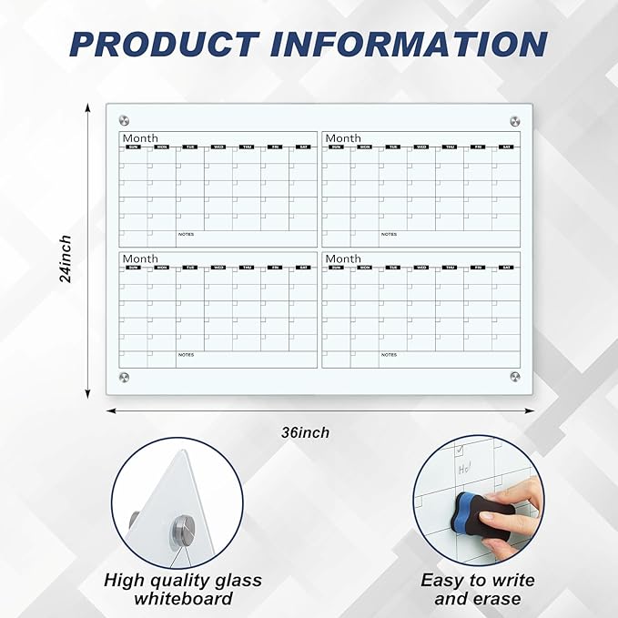 Glass Whiteboard Calendar Dry-Erase White Board Planner Glass Large Wall Mounted Calendar with Marker Tray for Wall Home or Office(Transparent,36" X 24",4 Month)