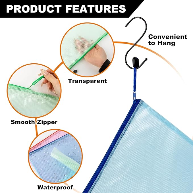 Mesh Zipper Pouch Bags - 5 Pack Large Waterproof Zipper Bags 13.2 x 9.4 Inch Clear Mesh Storage Pouches Assorted Colors for Home, Office, School, Travel, Puzzles, Board Game, Cosmetic, Accessories