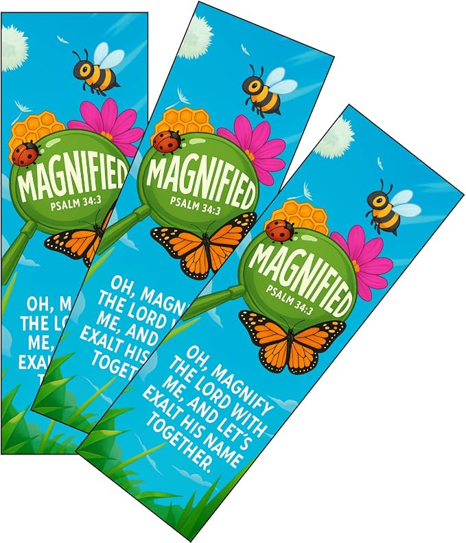 VBS Magnify the Lord, Magnified Theme Bookmarks, Psalm 34:3, 100 Pack, 6 x 2 inches, Glossy Cardstock, Church and Sunday School Supplies