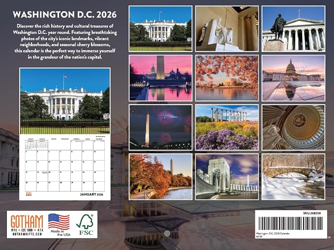 Washington DC Calendar 2026 Wall 12 Month Monthly DC Scenic Souvenirs Themed Gifts | American Made In The USA
