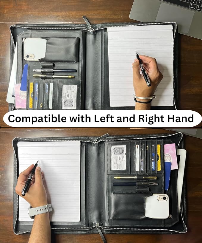 Leather Portfolio for Men - Full Grain Leather Padfolio Folder - Zipper Folio Documents Organizer - Professional Business Executive Gift for Men Women