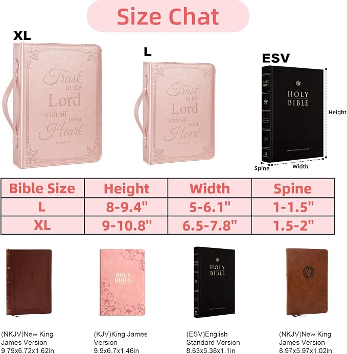 Large Bible Cover Case for Men Women, Mens Bible Covers Cases Leather Bible Cover Carrying Case for Women Men with Handle Zippered Bible Book Cover Holder Bag Case(Rose Gold, L)