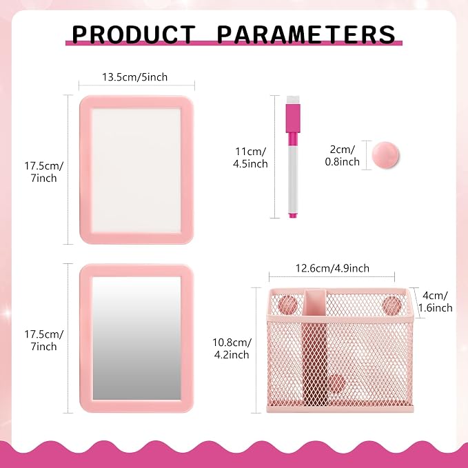Magnetic Locker Accessories Set, Back to School Essentials (with Magnetic Whiteboard, Locker Mirror, Pen Holder, Marker, Round Magnet) School Locker Decor, Work Locker Organizers-Pink