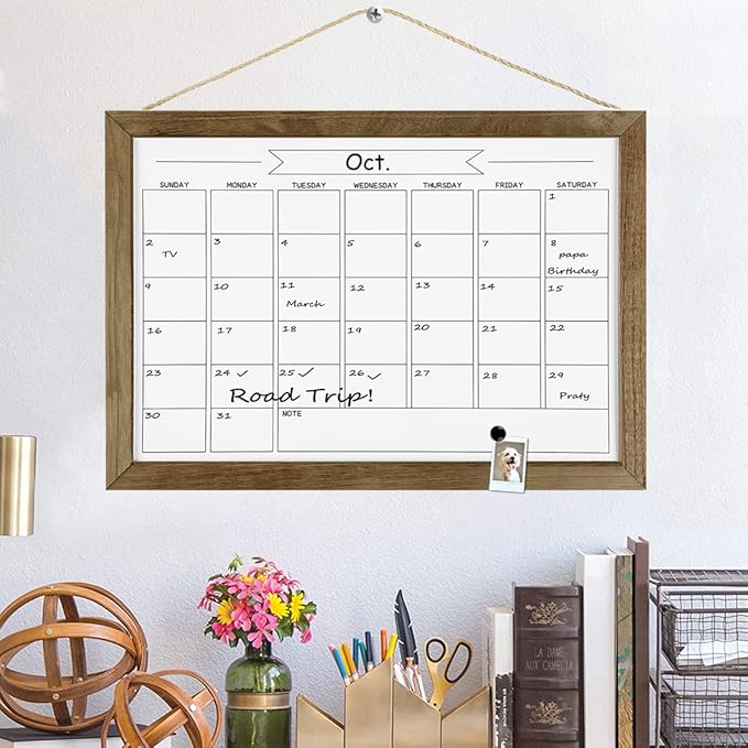 Dry Erase Monthly Calendar Whiteboard, Magnetic White Board for Wall, Office/School/Home, Solid Pine Wood Rustic Brwon Frame Hanging Board for Kitchen Grocery List, 10.6"x 14.6"(YL-RB-2737-B)