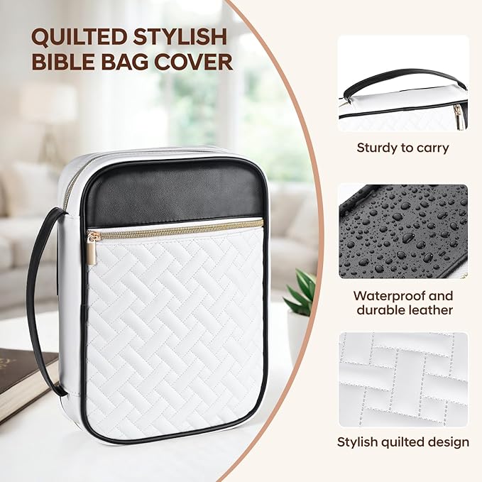Bible Cover Case for Women, Quilted Large PU Leather Bible Carrying Book Case with Handle, Bible Bag Study Supplies Bible Carrier & Christian Gift for Women (Black and White)