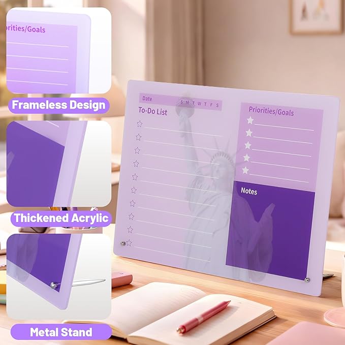 LeMotech Desktop Acrylic Dry Erase Board, 15.7x11.8 inches to-Do List Planner, Tabletop Whiteboard with Stand Office Supplies Includes 2 Markers & 1 Eraser, Purple Statue of Liberty Pattern, 1 Pack