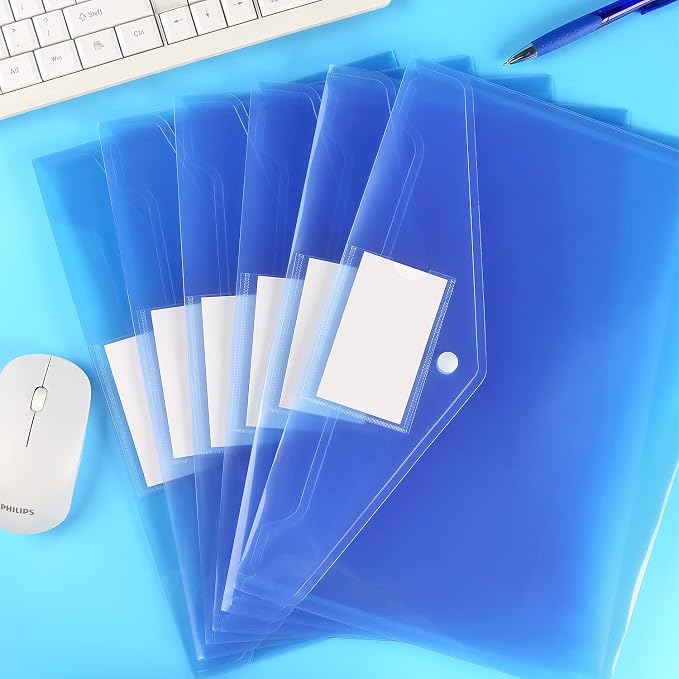 6 Pack Clear Document Folders Plastic Envelopes Poly Envelopes File Envelopes with Label Pocket and Snap Button for Home Work Office Organization, Letter Size/A4 Size (Blue)
