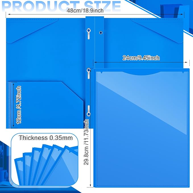 Henoyso 100 Pcs Plastic Folder with Clear Front Pocket and 3 Prong Plastic Folders with Card Slot Pocket Folders with Prongs for School Office (Blue)