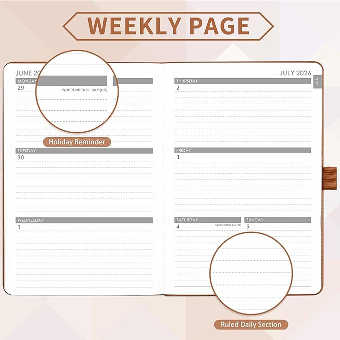 2026-2027 Planner - Academic Planner 2026-2027 Weekly Monthly Planner, July 2026 - June 2027, 5.7'' x 8.4'', Thick Paper, Leather Cover, Pen Holder, Back Pocket, Perfect Daily Organizer - Brown