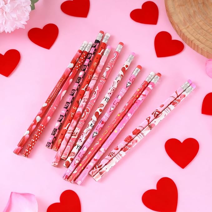 240 Pcs Valentine Pencils Bulk with Erasers, 12 Unique Heart Themed Design for Valentine Goodies Prize Gift Favor Party Supplies