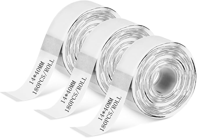 3 Rolls Compatible with D30/P11/HP1 Transparent Thermal Label Paper, 14 x 40 mm, Waterproof self-Adhesive Label Tape, Printable barcodes, Home and Office use (180 Labels/roll)