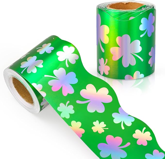 AnyDesign 32.8 Ft St. Patrick's Day Shamrock Bulletin Board Border Holographic Green Clover Scalloped Die Cut Border Trim Roll for Irish Party Home Classroom Wall Decoration
