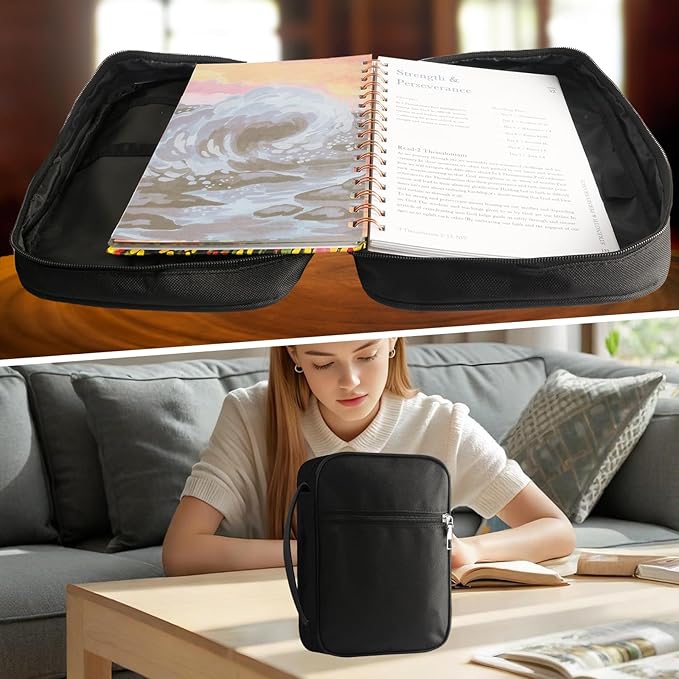 Bible Cover Bag for Men Women, Bible Holder Carrying Book Case Church Bag Bible Protective with Handle and Zippered Pocket (Black)