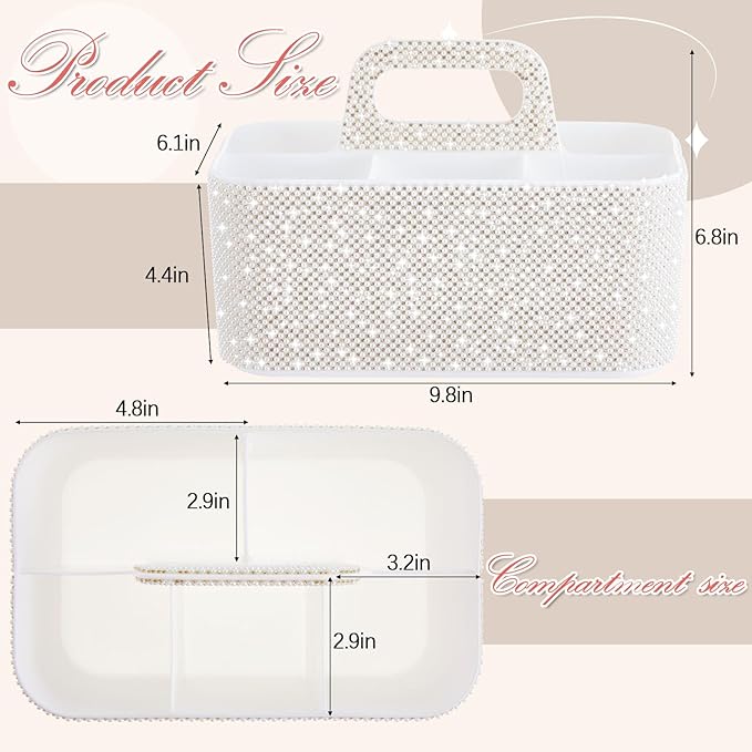 Marspark Bling Makeup Caddy Organizer with Handle, Sparkly Art Craft Holder, Glitter Bathroom Hair Caddy, Shimmer Pen Pencil Holder for Women Desk Organizer, Bling Gifts for Women(White,Pearl Diamond)