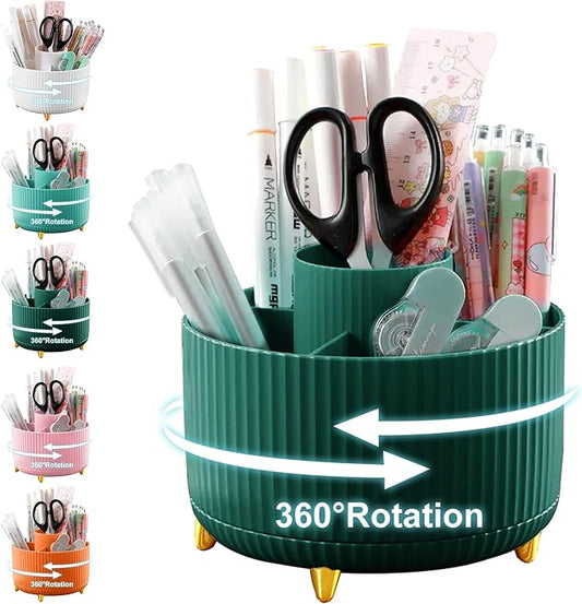 Cayxenful Pencil Holder For Desk,5 Slots 360°Degree Rotating Desk Organizers And Accessories,Desktop Storage Stationery Supplies Organizer, Cute Pencil Cup Pot For Office, School, Home (A-Green)