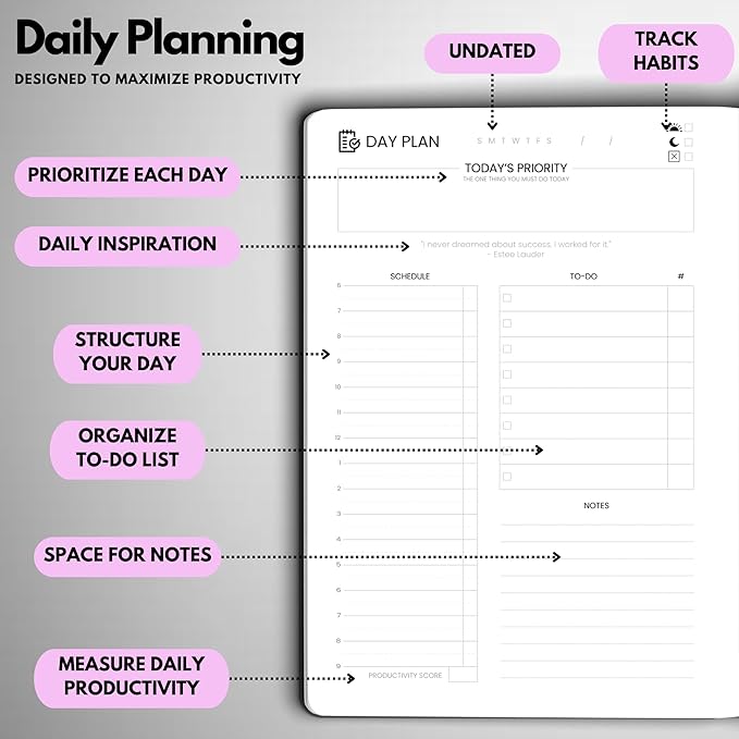 Wyze Planner Undated Daily Planner – 6-Month A5 Productivity Organizer with Full Page Per Day, Hourly Schedule, Goal Setting, Habit Tracker, Weekly & Monthly Pages – Hardcover Time Management Notebook (Lilac)