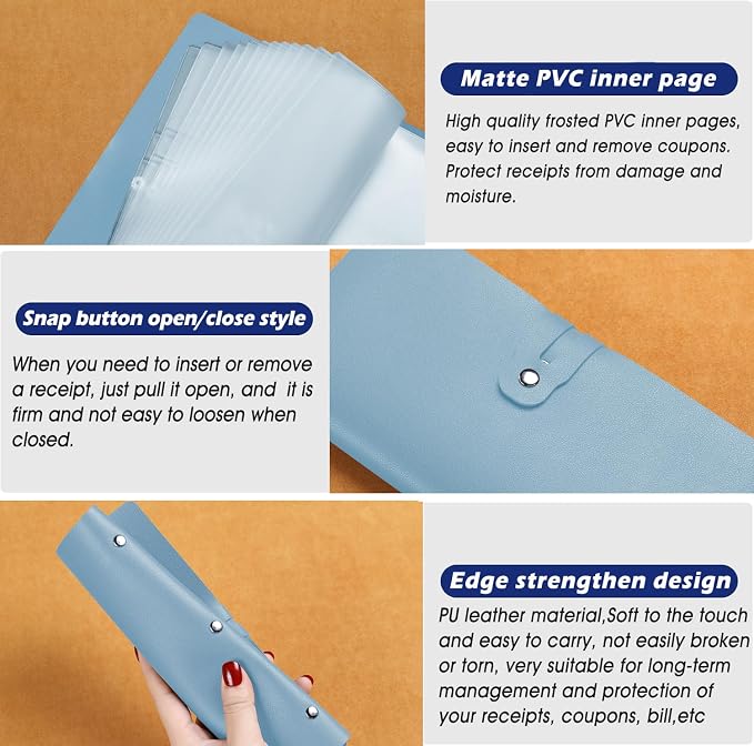 Leather Receipt Organizer, Portable Receipt Holder for Travel, Daily Coupon Organizer with 20 Pockets and 12 Card Slots to Keep Receipts and Coupons Organized, Prevent Loss and Damage (Light Blue)