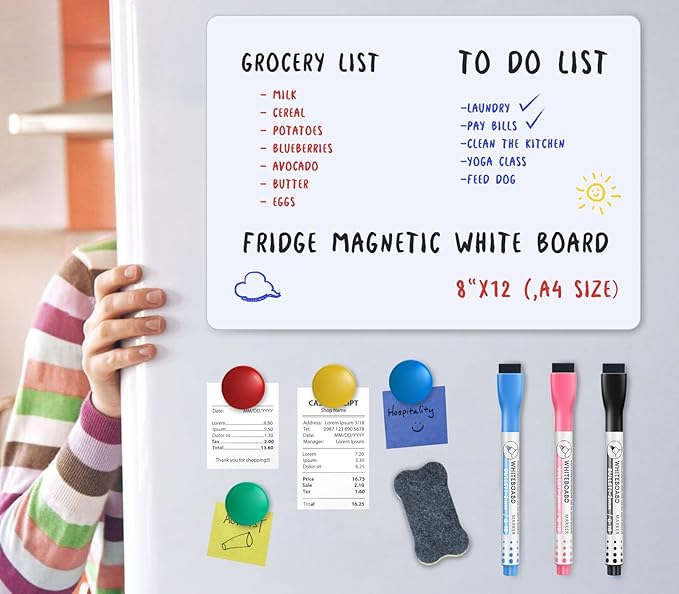 Magnetic Fridge Whiteboard Set: Dry Erase White Board, Magnets (Bonus), Markers & Erasers (1-Pack, 12 X 8 Inch)