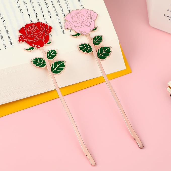 2 Pack Metal Rose Bookmark Vintage Red Flowers Book Page Holder Aesthetic Flower Book Marks Gift for Women Book Lovers Birthday Mother's Day Valentine's Day Christmas
