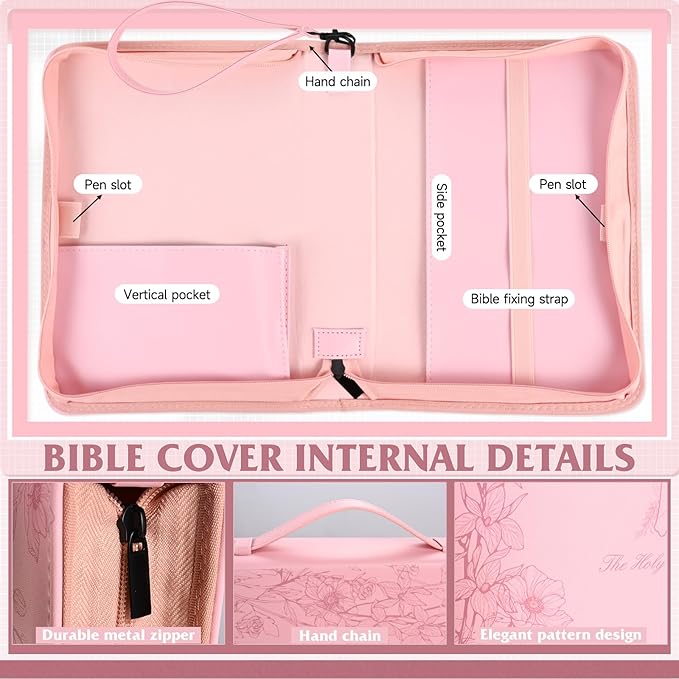 Bible Cover Case for Women Pink Leather Floral Bible Storage Bag with Highlighters Tabs for Girls Bible Study Supplies Accessories Christian Gifts