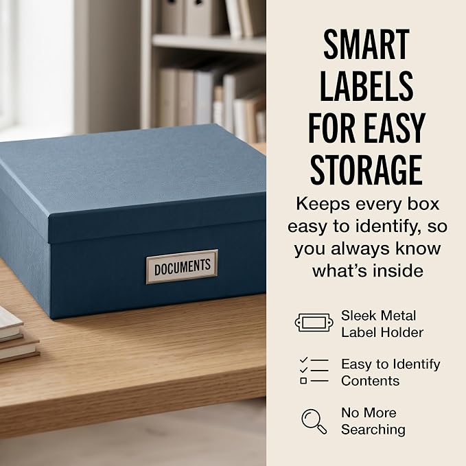 Bigso Box of Sweden Oskar Fiberboard Label Frame Document Letter Box | File Organizer for Important Paperwork | Document Storage with a Lid & Label Window | 3.3"x10.2"x13.8" | 3 Pack | Dark Blue