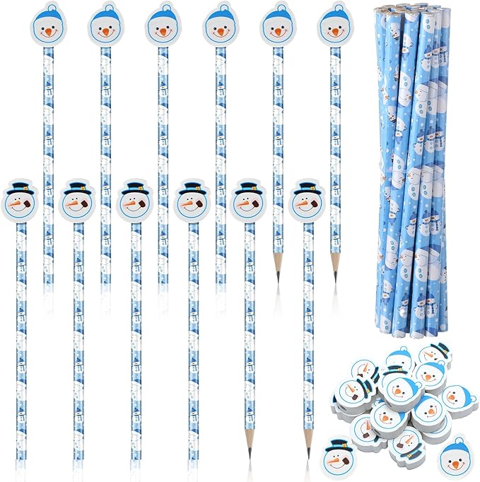 32 Pcs Snowman Pencils with Erasers, 16 Winter Snowman Pencils Bulk 16 Erasers Christmas Stationery Supplies for Xmas Classrooms Exchange Reward Prizes Home Office School Supplies