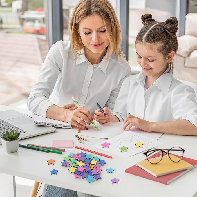 JarThenaAMCS 45Pcs Star Extra Tokens for Reward Jar Colorful Star Shape Wooden Cutouts with Linen Pocket 9 Colors Wooden Tokens for Back to School Student Teacher Classroom Supplies