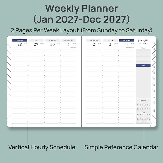 POPRUN 2026 Weekly Planner (Medium 7'' x 8.5''), 30-Minute Hourly Appointment Book (July 2026-June 2027) with Monthly Tabs, Inner-pocket, Pen Holder, PU Leather Softcover - Brown