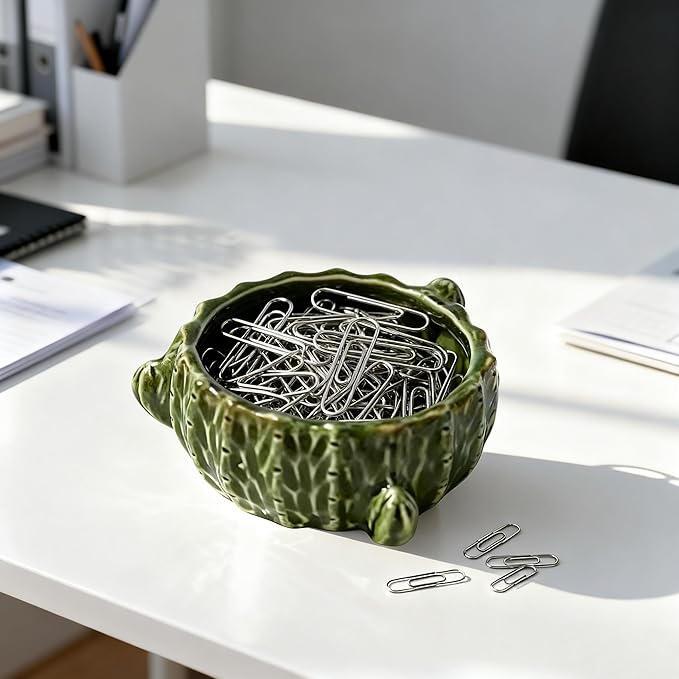 Ceramic Paper Clip Holder, 2 Pcs Green Cactus-Shaped Binder Clip Box Cute Office Decor Supplies for Desk Organizer (Cactus Green)