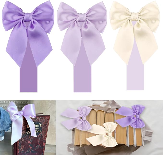 Gradient Purple Satin Bow Bookmark Anniversary Coquete Book Mark Mini Purple Satin Ribbon Bows Appliques Craft Bowknot for Book Lovers Gift