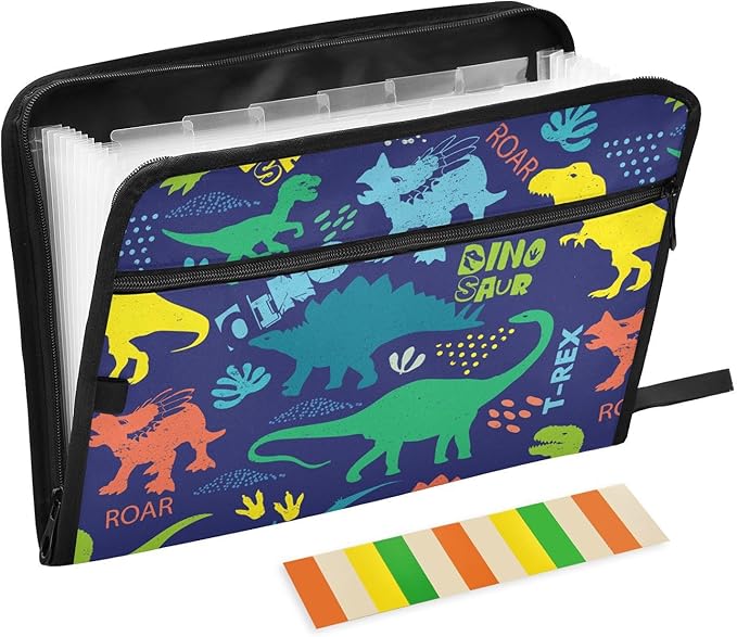 Colorful Dinosaur Grunge Purple File Folders,Plastic Folders with 13 Pockets,Expandable File Folder for Documents School Students Office,Aesthetic Folder with Labels A4 Letter Size