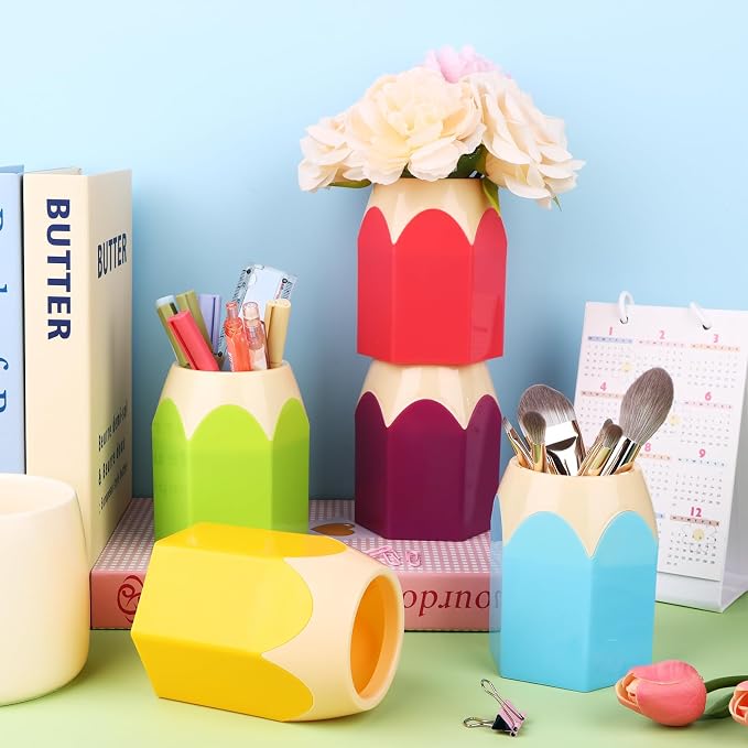 12 Pcs Pencil Shaped Pen Holders Pencil Storage Organizer Cute Plastic Pencil Holder for Desk Desktop Pen Cup Colorful Vase Pencil Pot Makeup Brush Container Cartoon Stationery Rack for Office