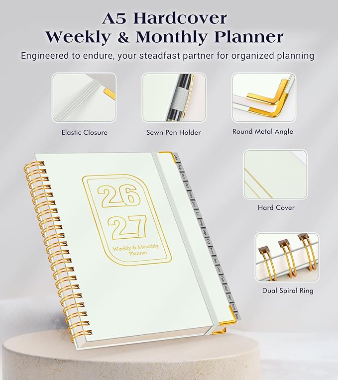 Planner 2026-2027, 18 Months Weekly and Monthly Hardcover Planner, January 2026 - June 2027, 5.75" x 8.38" A5 Daily Calendar Planner Book with Tabs, Spiral Yearly Agenda Organizer Notebook for School Work Home, White