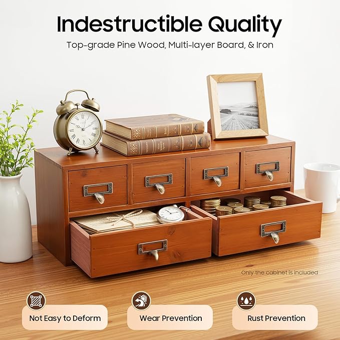 6 Vintage Desktop Storage Cabinet, Vintage Desktop Organizer Wood Desktops Organizers Library Card Catalog Cabinet with Metal Handles & Label Slot for Herb Storage Tea Collection Stationery Jewelry