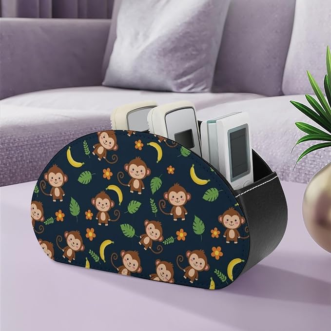 5-Compartment Remote Control Storage, PU Leather Caddy for Media Players, TV Remotes, and Desk Accessories, Animal Print Monkey