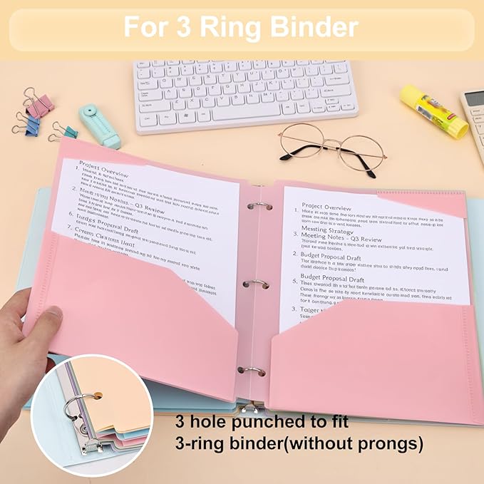 EOOUT Plastic Folders with Pockets, 3 Hole Punch Folders for 3 Ring Binder, 10 Pastel Colors, Heavy Duty File Folders for School Office Supplies(10pcs)