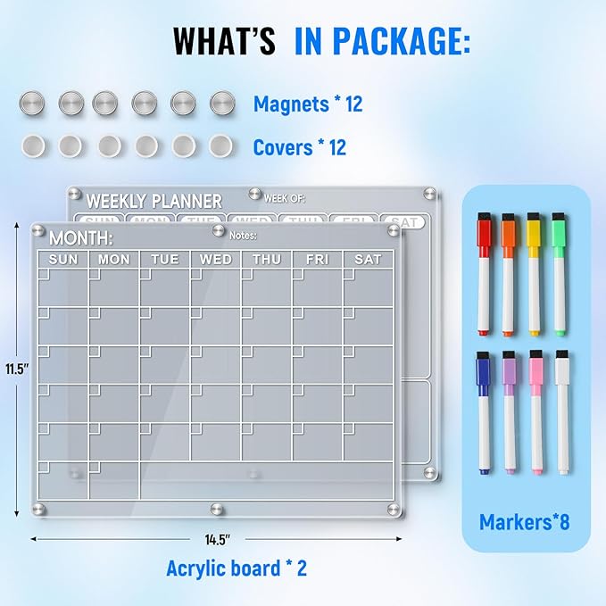 Magnetic Acrylic Calendar for Fridge, 2 Pack Clear Dry Erase Board for Refrigerator, Monthly Planner and Weekly Planner with 8 Colorful Markers, Meal Planner Menu Board for Fridge -14.5''*11.5‘’