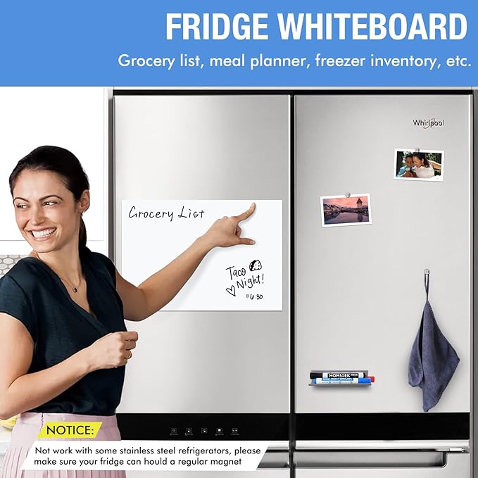 HOMiDEK Large Magnetic Backing Whiteboard: 47x96 Flexible Dry Erase Writing Sheet, Removable White Board for Fridge and Any Iron-containing Surface, Includes Markers, Magnets, Eraser, Cloth, Holder