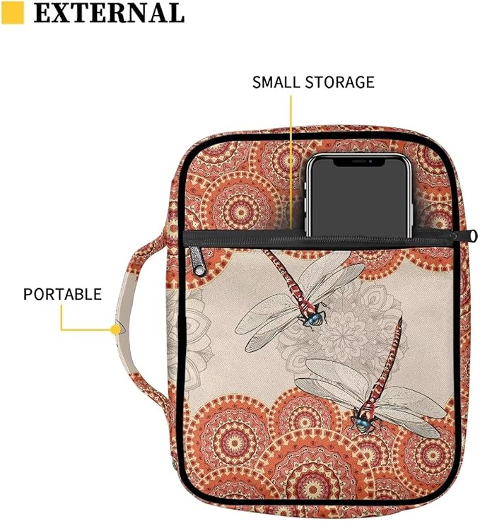 Suobstales Boho Mandala Dragonfly Print Zipper Bible Cover Case Cross for Women Bible Bag Carrying Case Carrying Book Case Church Bag Bible Protective with Handle