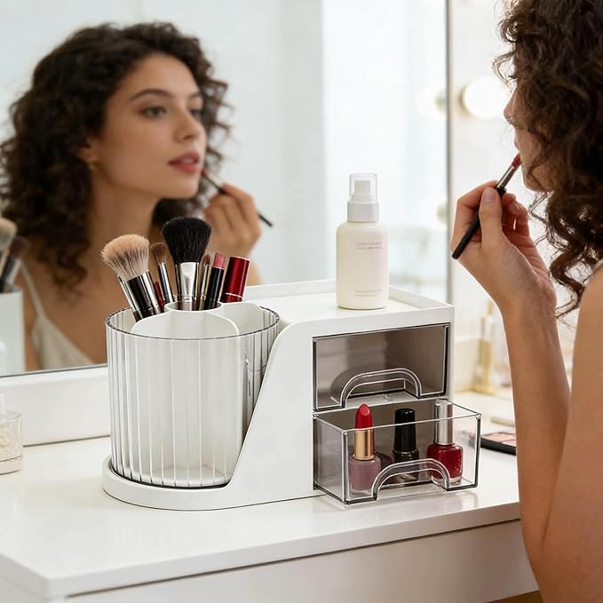 Desk Organizer with 2 Drawer,360 Degree Rotating Pen Holder for Desk,6 Slots Makeup Brush Holder for Office,School,Home,Art Supplies (White)